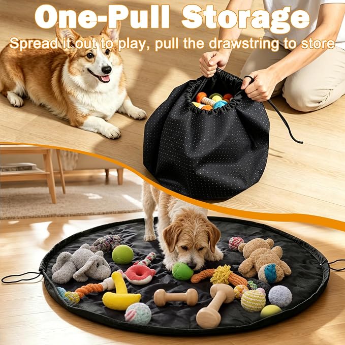 SZEE 2 in 1 Dog Toy Storage Bag and Reusable Play Pad, Washable Drawstring Pet Organizer, Pads for Indoors Dogs Play Pen, Oxford Fabric Waterproof Dog Mat for Floor, Car Trunk & Backyard, 47.24 in