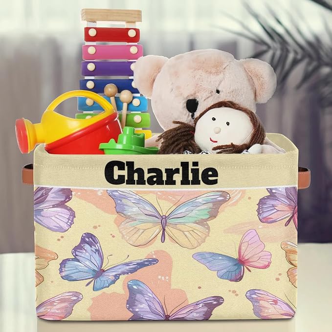 Personalized Storage Bins, Customized Name Storage Basket Rectangle Clothes Organizer for Organizing Kids and Pets Toys Shelf Closet, Watercolor Pink Purple Butterflies Yellow