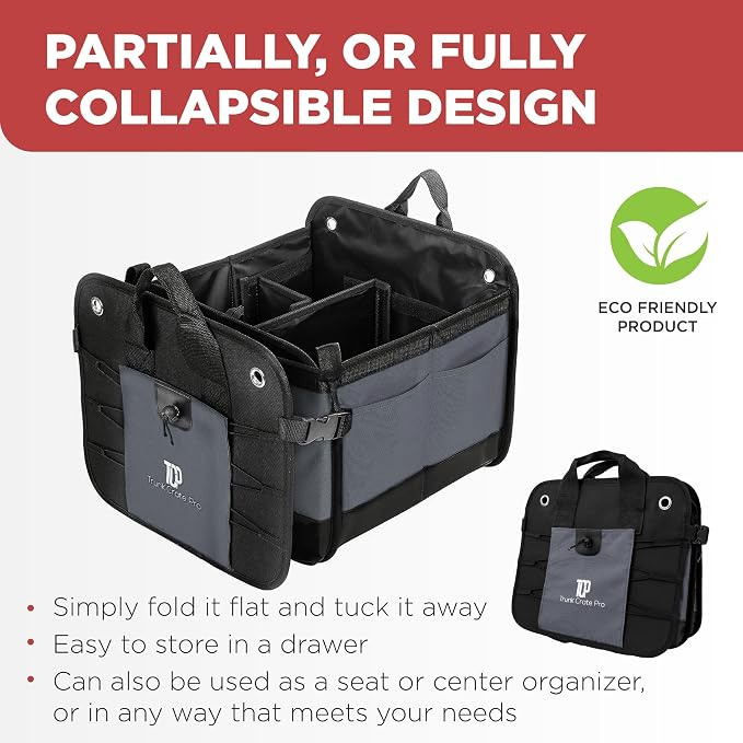 Car Cargo Organizer for SUV, Truck & Auto Storage, Gift, Grey, Large | Fits Cars, SUVs & Trucks • 4 Adjustable Compartments • Non-Slip Base & Straps • Foldable • 11 Pockets • Gift