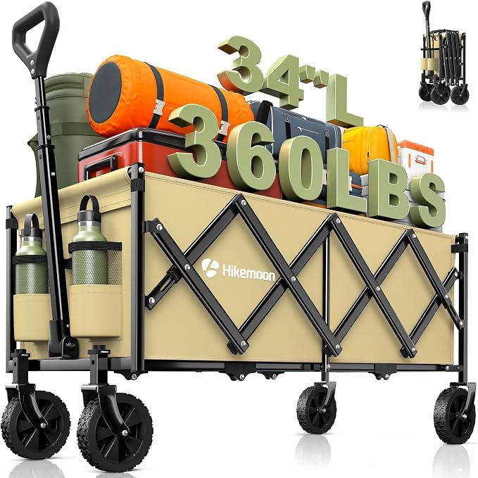 34'' Extra Long Folding Portable Wagon Cart, 120L 360LBS Khaki | Wagons Carts Foldable, Heavy Duty, Collapsible Compact Storage, Utility for Shopping/Grocery/Garden/Camping/Sports
