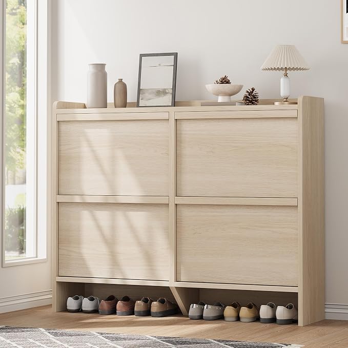 GarveeHome Shoe Cabinet with 4 Flip Drawers, Wooden Shoe Organizer Cabinet with Adjustable Shelf, Shoe Storage for Entryway, Hidden Shoe Cabinet for Hallway, Living Room, Natural Oak