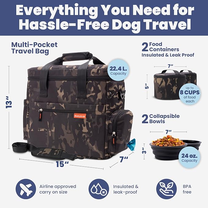 Original Doggy Bag™ Dog Travel Bag for Supplies with Travel Bowls | 2 BPA-Free Collapsible Bowls, 2 Pet Food Containers, TSA-Ready, Road Trips, Camping, Weekend Getaways, Doggy Gift, Camo