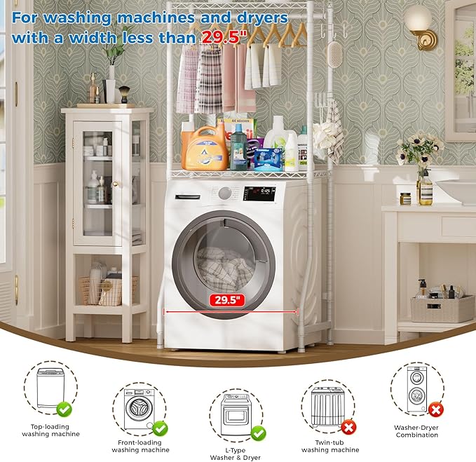 Golpart Laundry Organizer Shelves Over the Washer and Dryer Storage Shelf | Heavy Duty Laundry Room Organization Clothes Drying Rack Adjustable Height Wire Shelving and Wire Basket with Hanger Rod