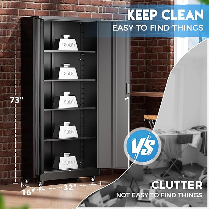 Greenvelly Metal Garage Storage Cabinet with 4 Swivel Wheels, 73" Black Storage Cabinet on Wheels, Rolling Tool Cabinet with Locking Doors and Shelves for Garage, Basement, Home, Warehouse