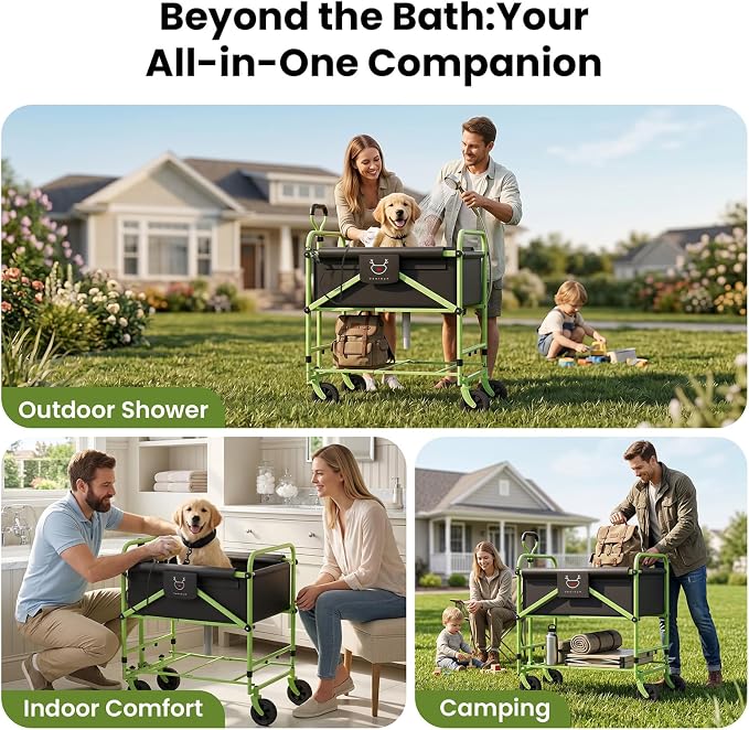 2-in-1 Dog Bathtub and Dog Stroller, Portable Dog Bath and Pet Stroller for Small and Medium Dogs (5-55 lbs) and Cats, Four-Wheel Bathing Cart with Brake Green