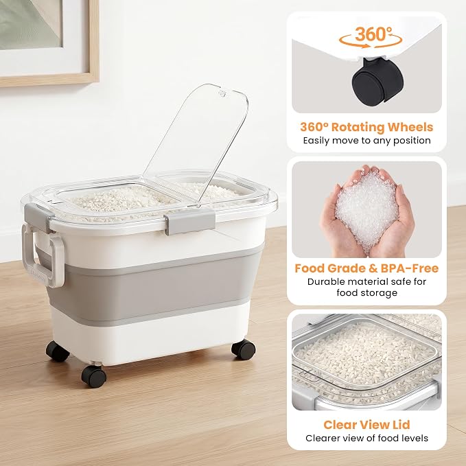 30 Lbs Rice Container, Collapsible Dog Food Storage Container | Airtight Cat Food Container with Wheels, Transparent Lid, Measuring Cup, Scoop and Handle, BPA Free for Pet Food, Bird Seed