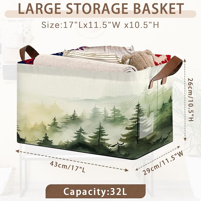 Woodland Mist Storage Basket Large 17x11.5x10.5 Inche-Collapsible Fabric Organizer Bin with Handles for Rustic Decor, Nursery, Cottage - Foldable Decorative Hamper with Foggy Forest Design-Single Pack