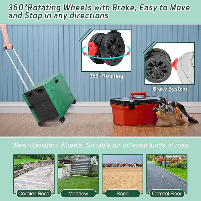 FELICON Folding Utility Cart Rolling Crate Handcart Basket-Dark Green+Black | Collapsible Hidden Lid,Plastic Box,Telescoping Handle,4 Rotate Wheels for Travel Shop Move Grocery Laundry Office Teacher Use