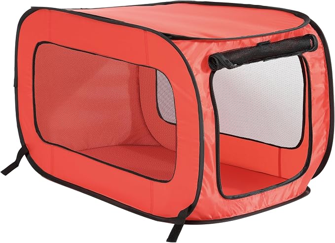 Portable Collapsible Pop Up Kennel, 32.5" L x 19.5" W x 19.5" H, Red | Collapsible indoor/outdoor travel cat and dog crate with mesh screen windows pops up and folds flat for easy storage