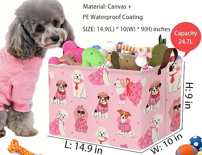 Pink Dog Toy Basket Collapsible Puppy Bin Storage Organizer Large Pet Box With Handles (Girl Dog)