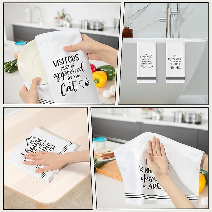 GROBRO7 Cute Cat Hand Towel - 6Pcs Funny Kitten Theme Kitchen Dishcloths Set Polyester Soft Towels for Bathroom Accessories Home Dining Table Decor Housewarming Gifts for Cat Lovers Hostess Men Women
