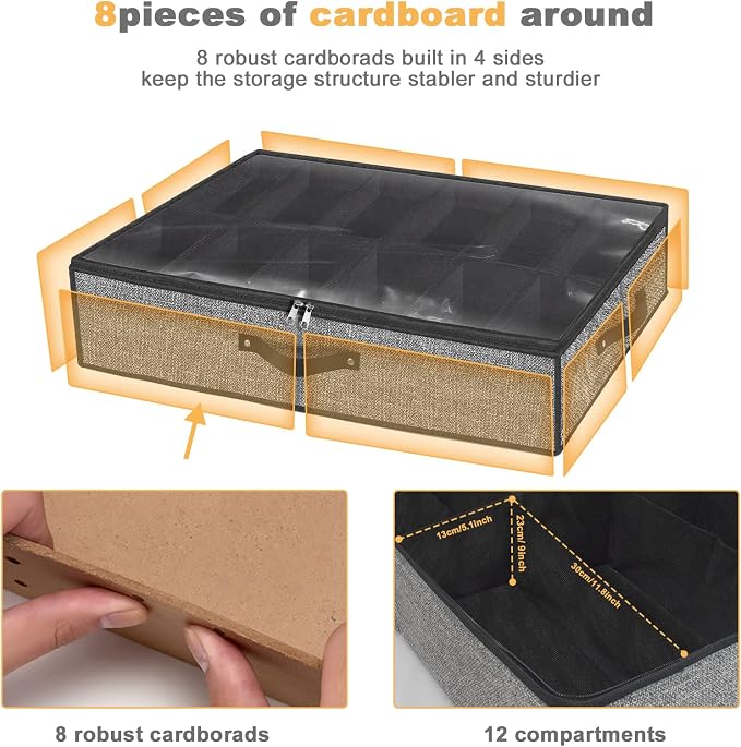 Under Bed Shoe Storage Organizer for Closet Fits 24 Pairs-Sturdy Underbed Shoe Storage Box Bins,Set of 2 (Linen-like Black)