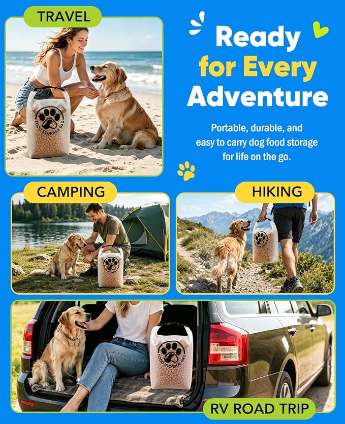 Pet Food Storage Bag for Travel - Transparent Leak-Proof Dog Food Container with Roll-Top Closure, Keeps Kibble Fresh for Camping Trip, Dog Boarding, Weekend Getaways (14 Cups)