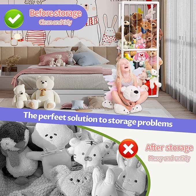 Stuffed Animal Storage, Kids Toy Zoo Storage Organizer with Elastic Band, Thicken PVC Tube Large Stuffed Animals Holder for Nursery Playroom Bedroom Room Furniture Plush Storage(White)