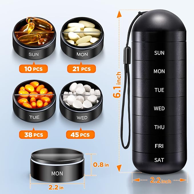 Zannaki Weekly Pill Organizer 7 Day 2 Times a Day, Portable Metal Travel Waterproof AM PM Pill Box,Large Pill Case Container, BPA Free Daily Medicine Organizer Holder for Vitamin, Fish Oil, Supplement