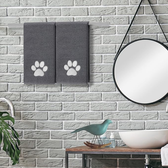 SmoothNovelty 2 Pcs Dog Paw Hand Towels Dark Grey Bathroom Decor 13 x 29 Inch 100% Cotton Embroidered Hand Towels Soft Absorbent Farmhouse for Kitchen Restroom