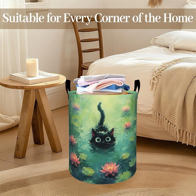 Black Cat Laundry Basket, Cute Kitten Swimming Foldable Oxford Cloth, Waterproof Dirty Clothes Hamper with Handles, Clothing Storage Bin Toy Organizer for Bedroom Dorm Bathroom, 19.7"x15.7"
