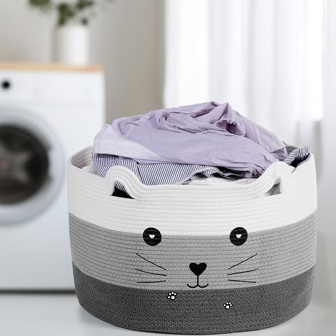 Zopeal Cat Woven Gift Basket Storage,21.7 x 13.8 Inch,Dark Gradient | Cute Cotton Rope Organizer with Handles for Toy Box, Nursery Decor, Decorative Bin, Pet Supplies Holder, Desk Storage