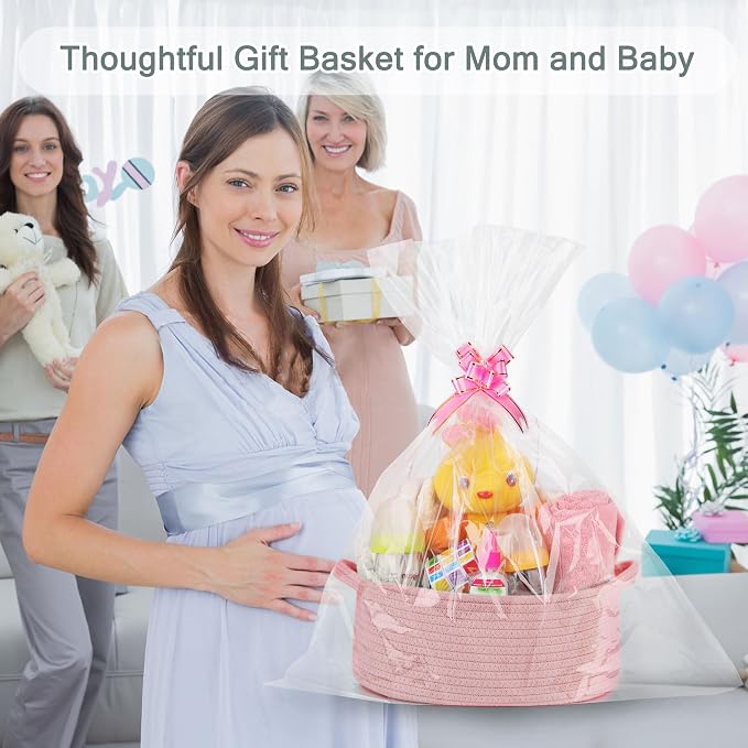 COMSE Empty Small Gift Basket with Bag & Ribbons, Dusty Pink | Cotton Rope, 12"x 8"x 5", Baby Toy Organizer, Stores Small Items for Bedrooms, Nurseries, Bathrooms, Living Rooms, Offices