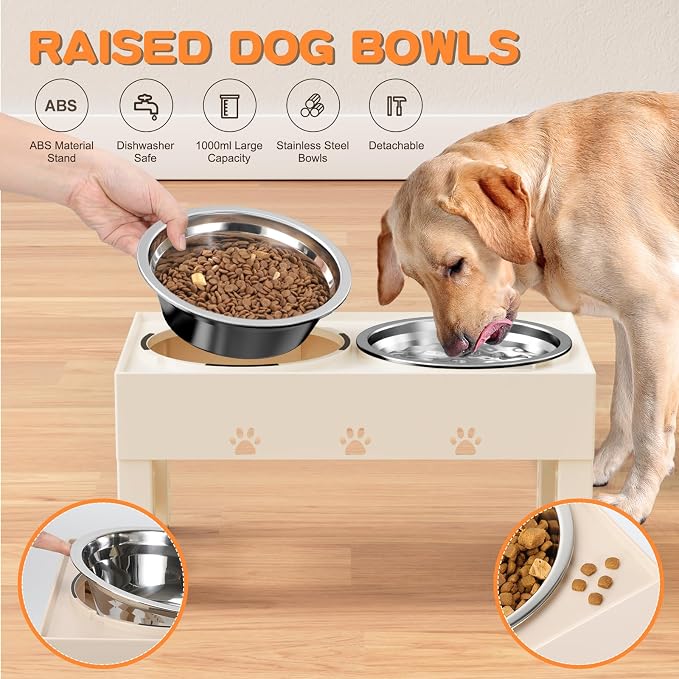 LAKIPETN Elevated Dog Bowls with Mat, Raised Dog Food Bowl Stand with 2 Stainless Steel Bowls, 5 Height Adjustable (3.1", 9", 10", 11", 12") Non-Slip Feeder Set for Medium and Large Dogs – Apricot