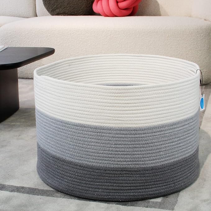 Casaphoria XXXLarge Cotton Rope Basket for Living Room - Woven Storage Basket with Handle for Blankets, Towels and Pillows Laundry Hamper | Light Gray (22" x 22" x 14")