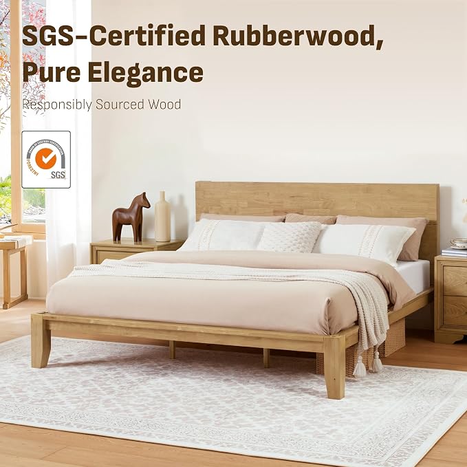 Softa Mikor King Japanese Joinery Bed Frame with Headboard, Solid Rubberwood, 1500 Lbs Heavy Duty Slats Support, SGS Certified, No-Tool Setup, Hidden Storage, USB-A/C Port, No Box Spring Needed