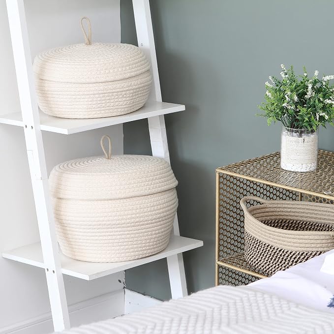 Sea Team Round Woven Cotton Rope Storage Basket with Lid, Cream | Lidded Knitted Decorative Storage Bin, Pot, Caddy, Organizer, Container for Snacks, Towels, Plants, 13 x 5.5 Inches
