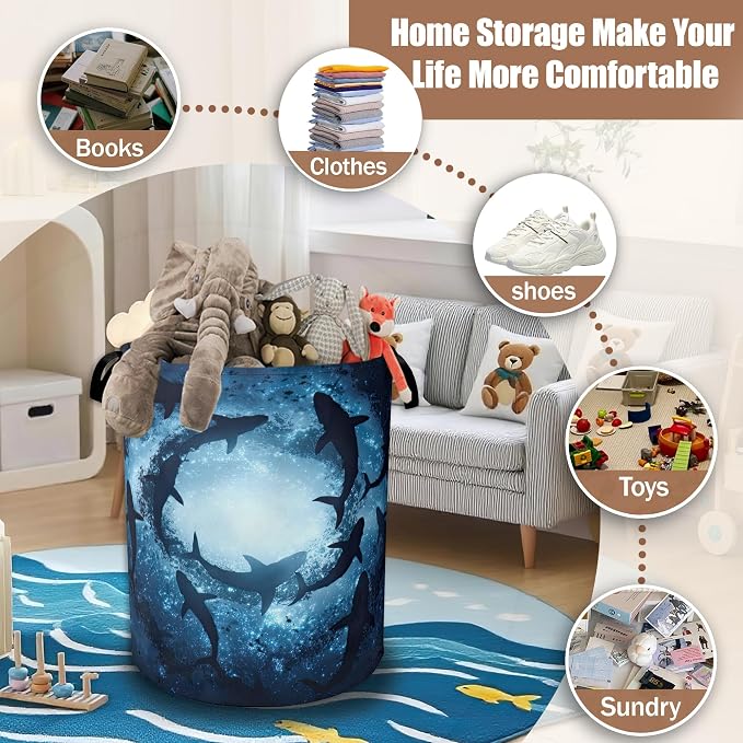 Shark Ocean Fantasy Laundry Hamper,Laundry Baskets,Waterproof Oxford Cloth Toy Storage for Bedroom,Bathroom,Nursery,16x20.8 Inch