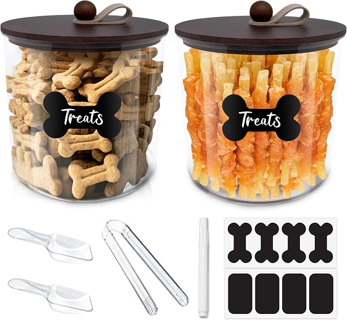 HOYTAMDAR 2 Pack Airtight Dog Treat Containers Bamboo Lids, Dog Treat Jars | Dog Food Storage Container with Scoops, Clamps, Labels and Marker, Dog & Cat Treat Holder
