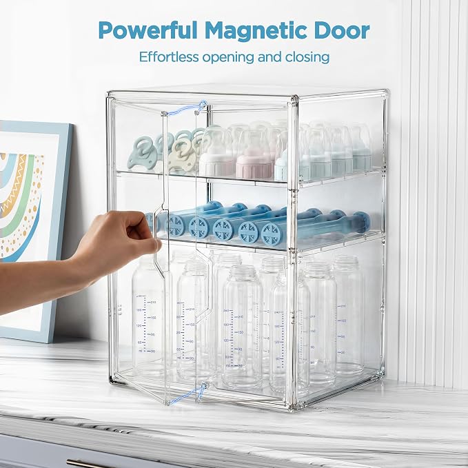 HBlife Baby Bottle Storage Organizer for Countertop Cabinet, 3 Tiers Adjustable Clear Acrylic Bottles Storage Station Case Box Container with 2 Removable Dividers and Magnetic Double Door, X-Large