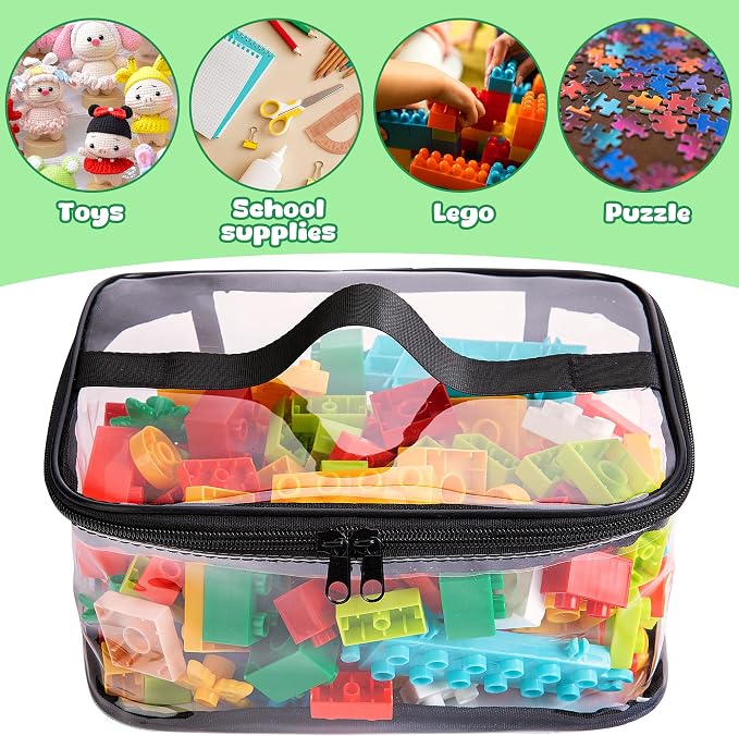 4 Packs Clear Toy Storage Bag, Waterproof PVC Toy Organized Bag with Zipper | 9"x 7"x 4" Transparent Toy Storage Organizer Pouch for Building Blocks Small Toys (Black)