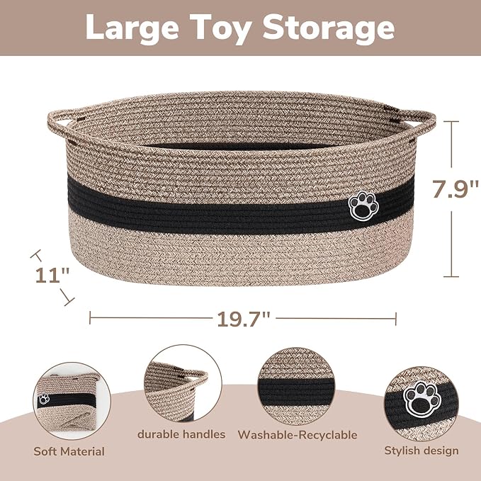 30L Large Woven Rope Dog Toy Basket with Paw Print, Brown Mix | 19.7" x 11" x 7.9" Dog Toy Bin & Box with Handles, Storage Basket for Blankets Towels, Fits Living Room Nursery Bedroom