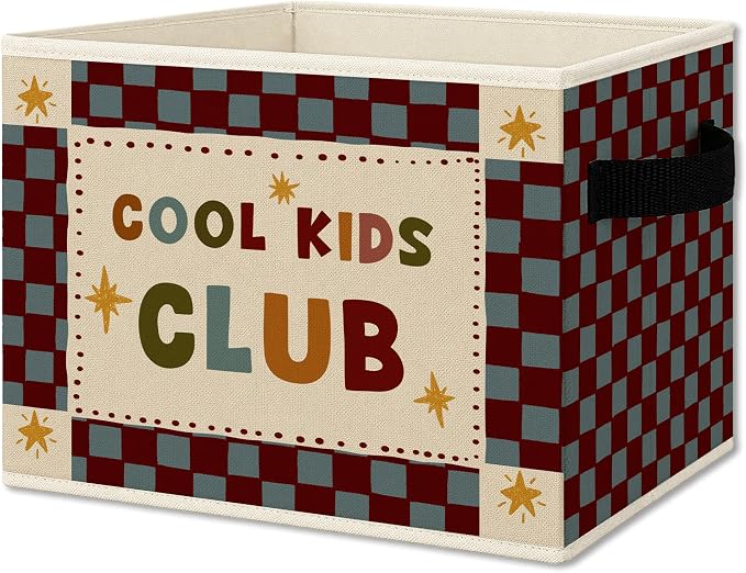 Kids Nursery Playroom Cube Storage Bins with Handles, Cool Kids Club Checkered Collapsible Fabric Storage Basket Boxes Books Clothes Organizer for Girls Boys Room Bedroom Bathroom