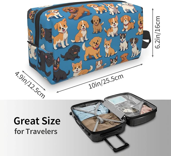 Cute Dogs Print Makeup Bag - Durable 600D Oxford Fabric Travel Cosmetic Bag, Shockproof Foam Padded Toiletry Organizer for Gym & Daily Use 10x6.2x4.9 Inch