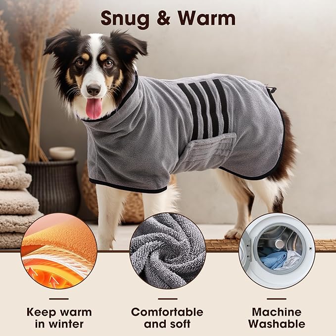 Microfibre Dog Bathrobe Towel Wrap Super Absorbent Dog Drying Coat Bath Robe for Puppy, Medium & Large Dogs, Fast Drying, Adjustable