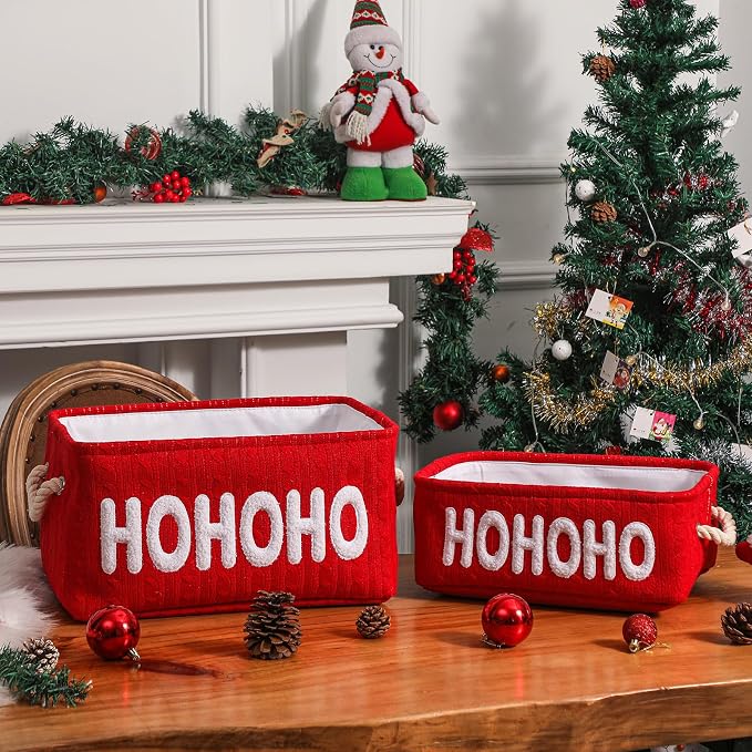 Empty Christmas Gift Basket, Red Small Storage Basket with Handle, Holiday Basket for Toys, Baby Items, Treats and Home Christmas Decorations, Perfect for Gift Giving and Display