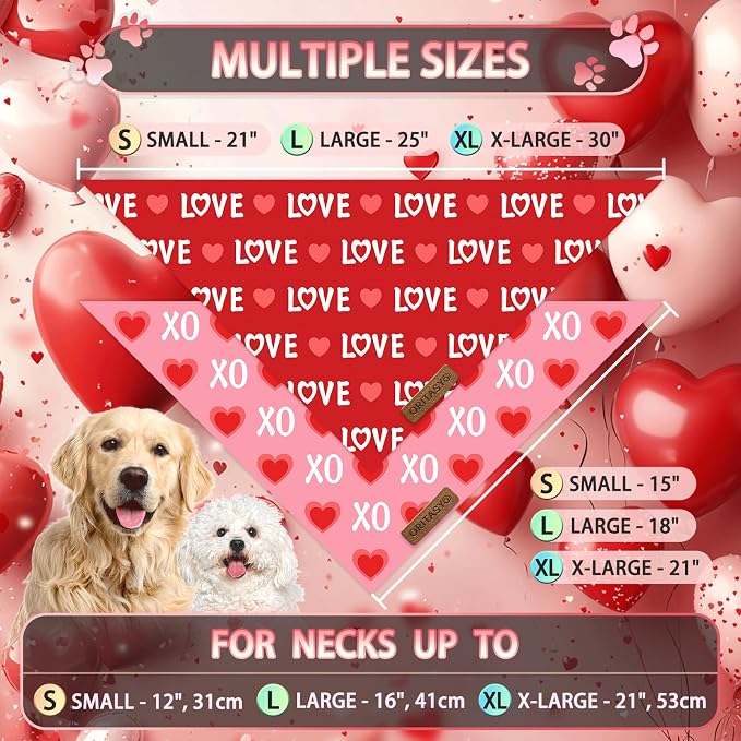 Valentines Day Dog Bandanas, 2-Pack Triangle Reversible Love Pet Scarves, Premium Fabric Bandana (Large, Style 1)