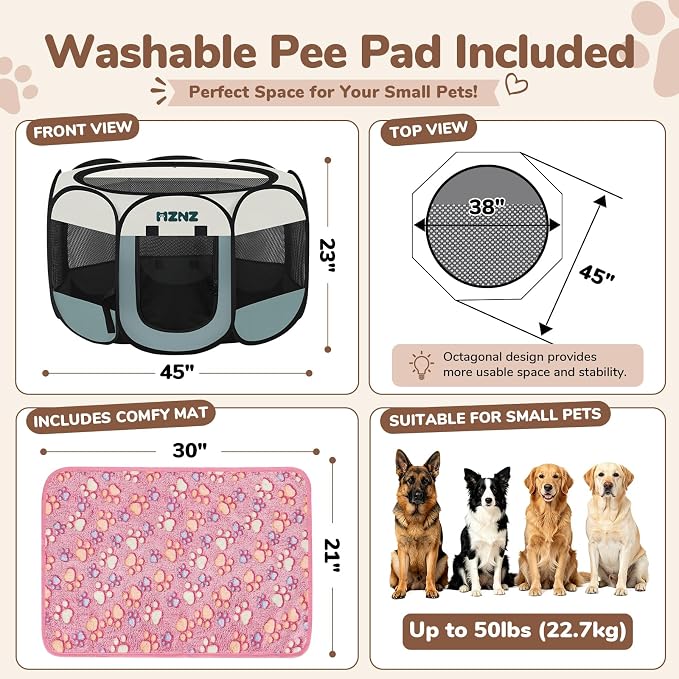 Dog Cat Small Animal Puppy Playpen Crate with 2 Blankets, Large, Grey | Portable Pop Up Pet Cage Enclosure Tent Kennel Indoor Outdoor with Carrying Case, No Assembly, Camping Use