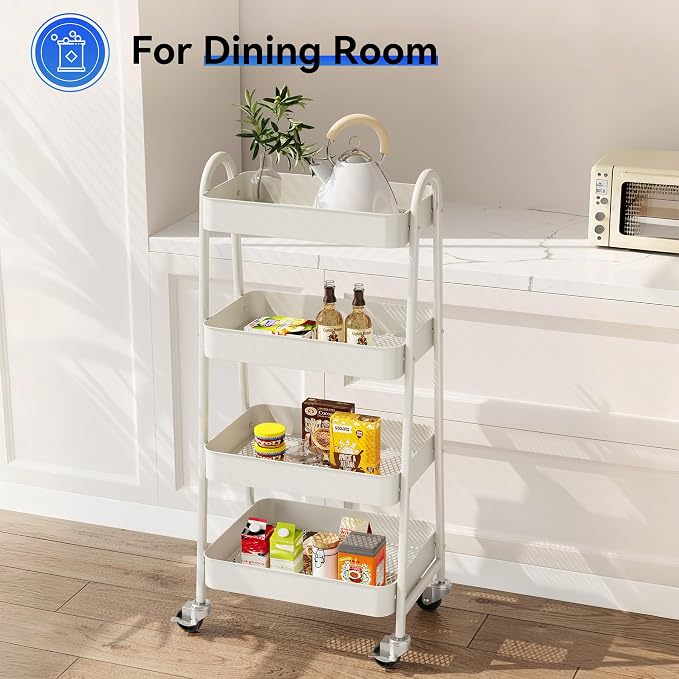 OLIXIS Metal 4 Tiers Rolling Storage Utility Cart with Lockable Wheels | Mobile Organizer Shelf, Space-Saving, Freestanding, Bathroom, Living Room, Slim, Narrow Corner Spaces, White