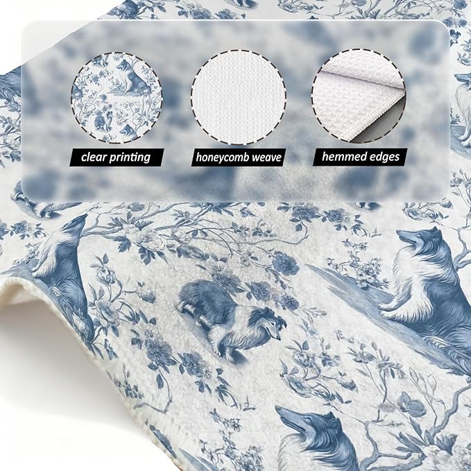 Shetland Sheepdog Kitchen Dish Towels,Blue and White Floral Dog Towel Dish Tea Towels, Chinoiserie Decor for Kitchen Bathroom,Shetland Sheepdog Gifts for Dog Lover Mom Dad,16x24 Inch