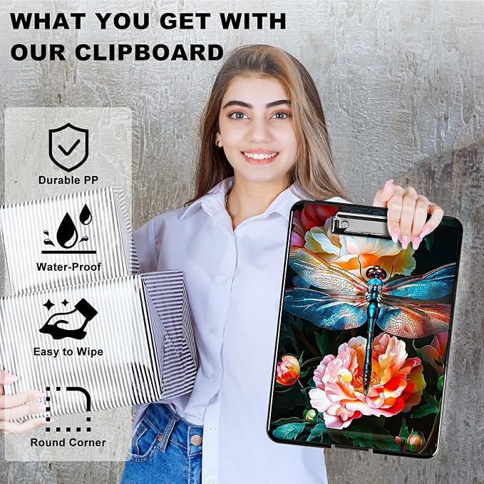 Peony Dragonfly A4 Clipboard with Storage Pen Holder, Clipboards Organizer Nursing Clipboard Foldable File Folder Plastic Clipboard Folio Clip Board for Office Students Classroom Doctor