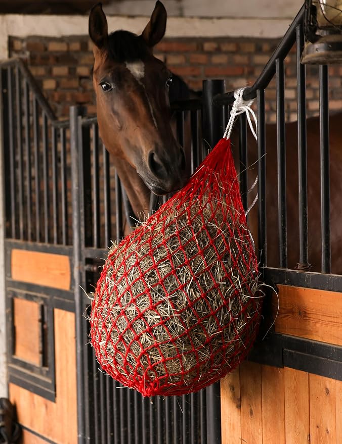 Harrison Howard Slow Feed Hay Net for Horses, 40 Inch Hay Bag Holds 1–2 Flakes, 2 Inch Mesh Durable Hanging Feeder for Stable, Pasture & Livestock-Red