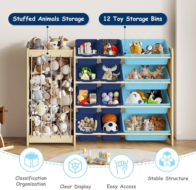 EXPERLAM Kids Toy Storage Organizer, 2-in-1 Stuffed Animal Storage & Toy Organizer w/12 Bins, Solid Wood Toy Rack Featuring Thicker Elastic Ropes, Playroom Nursery Bedroom Storage, Blue