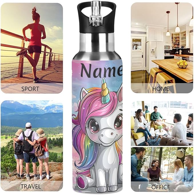 Custom Name Cute Unicorn Rainbow Castle Water Bottle with Straw Lid Kids Insulated Stainless Steel Water Flask Sports, 20 Oz Hot Cold