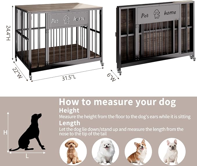 31.5" Foldable Dog Crate Furniture, Muyi Gray, Small Medium Dogs | Wooden Construction, RGB Ceiling Lights, Silent Casters, Multi-Purpose End Table TV Stand
