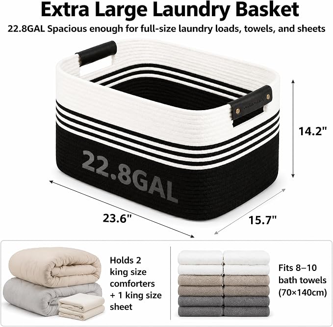 Cotton Rope Laundry Basket Extra Large, 22.8GAL Collapsible Woven Storage Baskets for Living Room Kids Toys Stuffed Animal,Boho Rectangular Decorative Hamper for Dirty Clothes, Blankets White Black