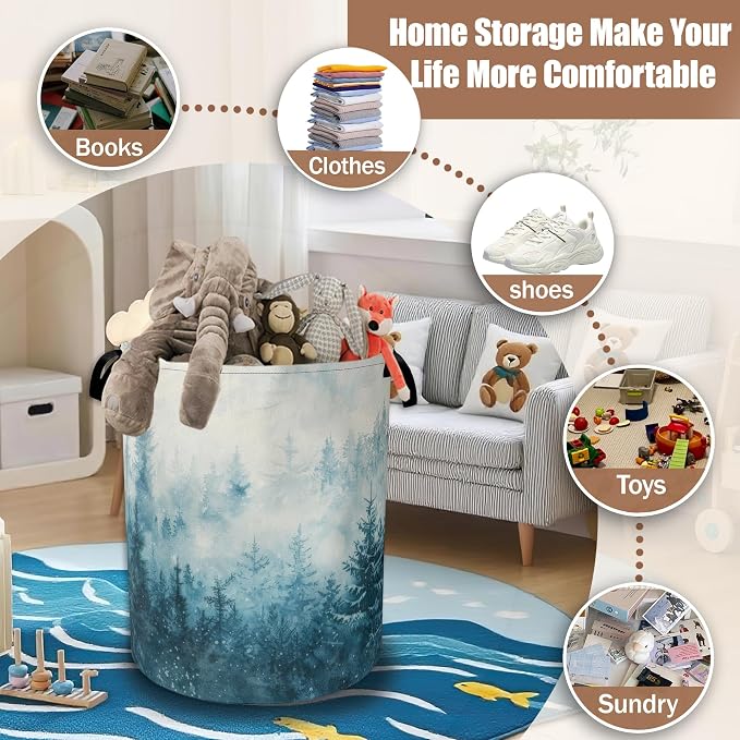 Misty Forest Laundry Baskets,Watercolor Landscape Laundry Hamper,Storage Basket with Handles for Bathroom Bedroom College Dormitory Living Room Nursery Organizer 16"x20.8"