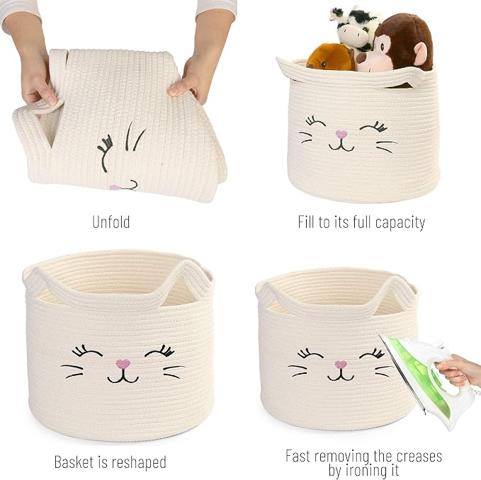 LotFancy Cat Toy Organizer, Cotton Rope Animal Basket with Handle, Cat Toys Storage Bin for Pets, Cute Woven Containers Holder for Playing Room, Kids Bedroom, 15.7x13''(H)