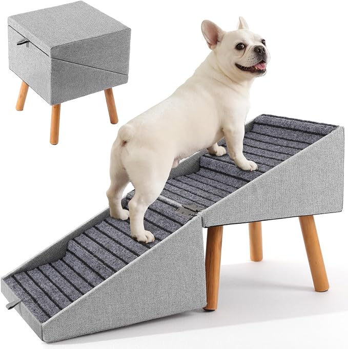 17" H Split Ottoman Dog Ramp for Couch, Foldable Dog Stairs for Small Dogs | Non-Slip,2 in 1 Pet Steps for Medium Large Dogs and Puppy, Wooden Doggie Steps