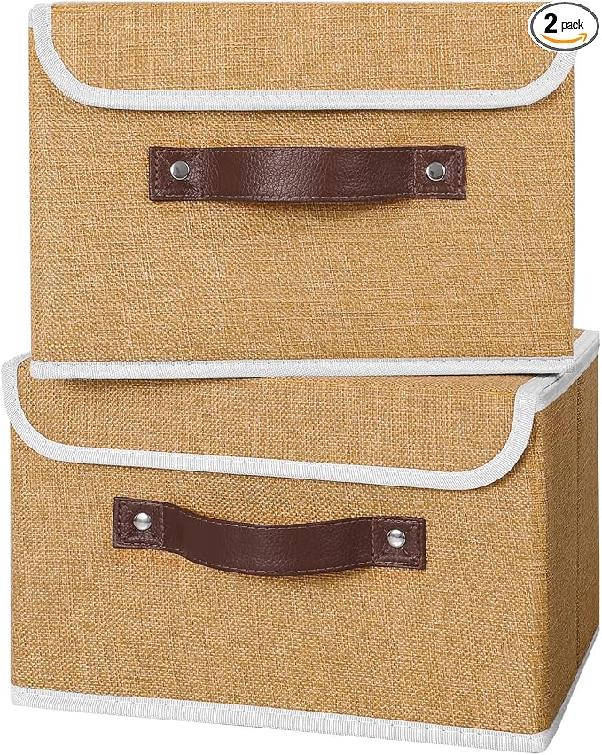 ANMINY Fabric Storage Box Bins with Lids, Khaki, 10"x8"x7", 2 Pack | Keepsake Memory Storage, Cotton Linen, PP Board Reinforced, Washable, PU Handles, Foldable & Stackable, Decorative, Small